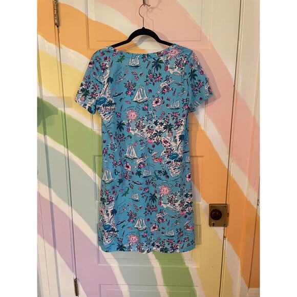 Lilly Pulitzer Pima Cotton Dress Size M Blue Tropical Map Print Short Sleeve - Picture 5 of 10